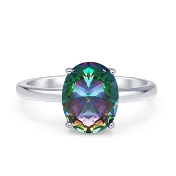 Solitaire Engagement Ring Oval Simulated Rainbow CZ 925 Sterling Silver